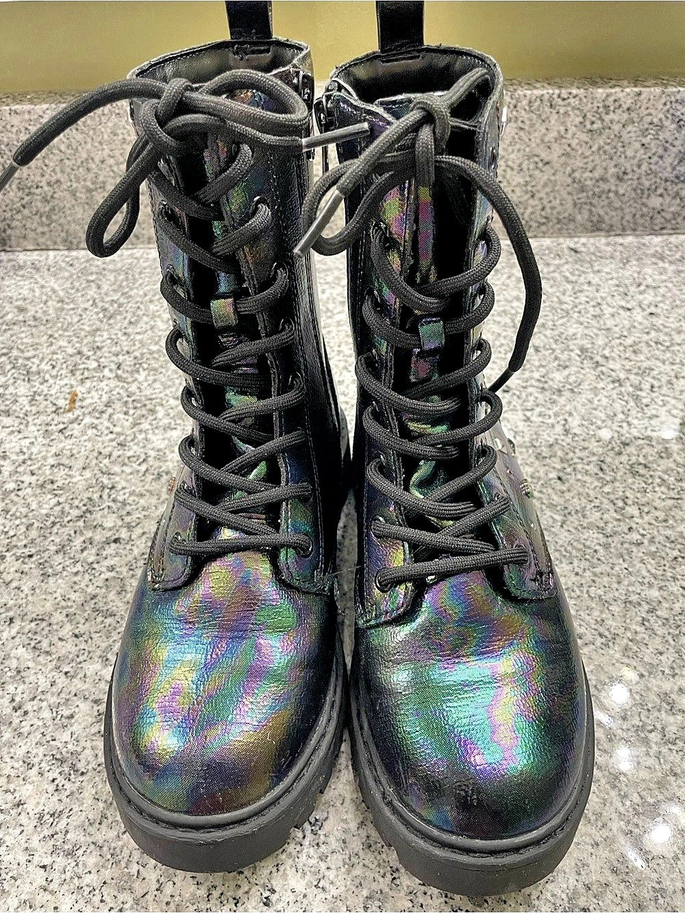 Girls Cat & Jack Iridescent Studded Combat Boots Black & Purple Size 2.